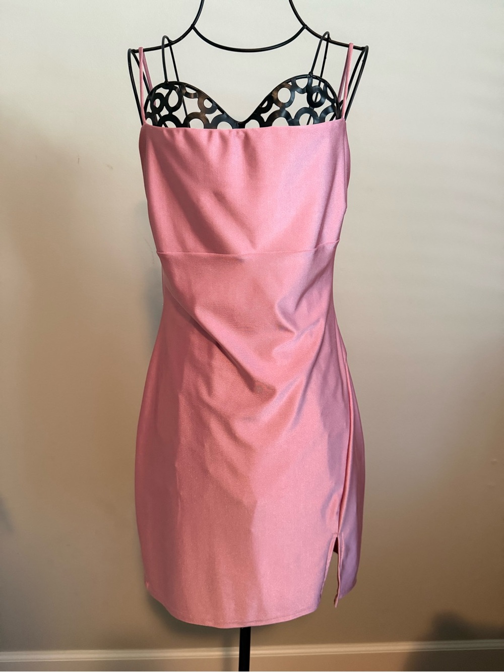 Pink Satin Slip Dress with Spaghetti Straps